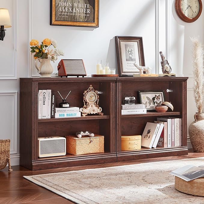 RWYHG 30" Walnut Bookshelf,2-Tier Thick Wooden Book Shelf with Adjustable Shelves,Free Standing Farmhouse Bookcase with Open Display Storage,Floor Vintage Bookshelves for Living Room,Office