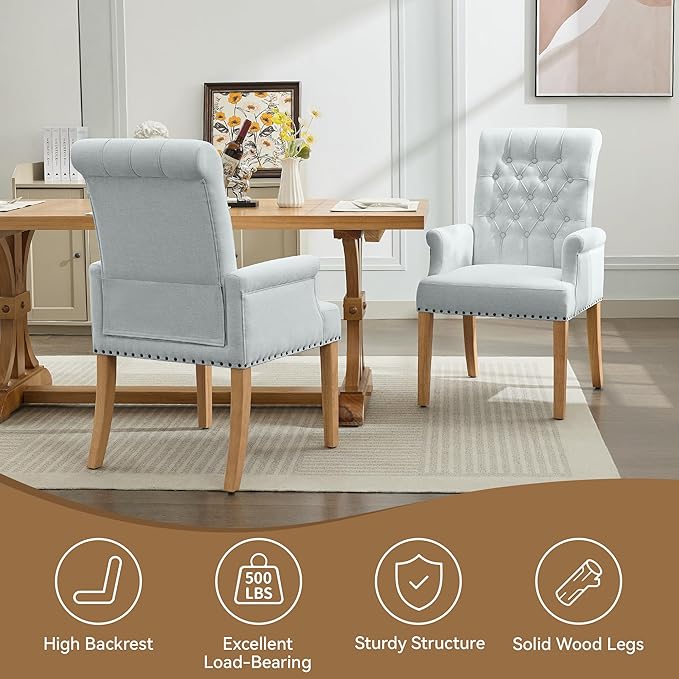 Fabric Dining Chair with Arms, Upholstered Tufted High Back Dining Room Chairs, Accent Armchair with Solid Wood Leg and Nailhead Trim, Kitchen Dining Living Room, Sky Blue