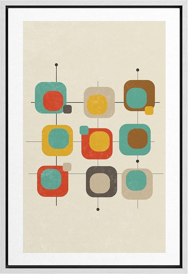 Woodrose Framed Canvas Print Wall Art Geometric 1960s Color Square Collage Abstract Shapes Illustrations Modern Minimalist Chic Multicolor for Living Room, Bedroom, Office - 24"x36" White