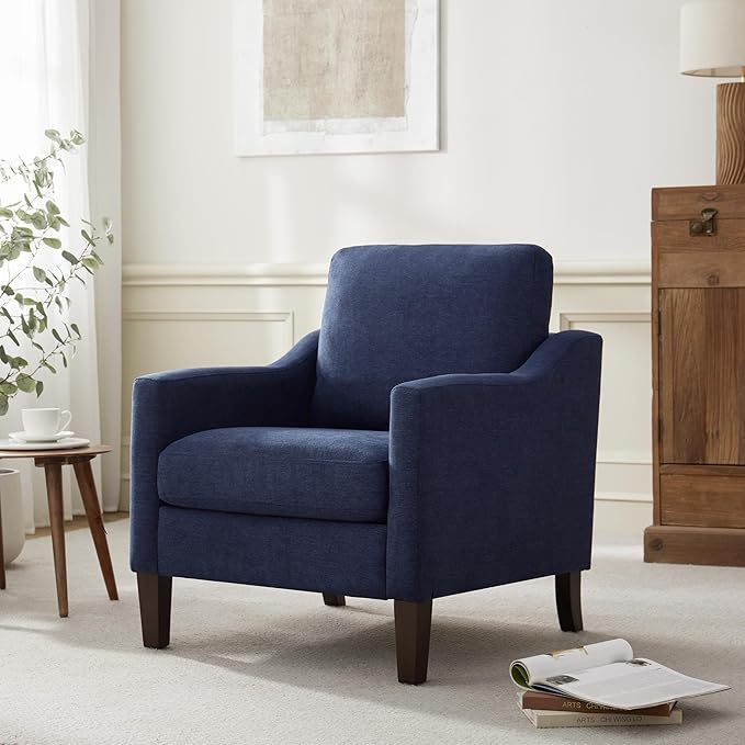 VKNOW Mid Century Modern Accent Chair, Upholstered Living Room Chairs Armchair for Bedroom, Comfy Reading Accent Chairs with Wood Legs for Living Room (2, Navy Blue)