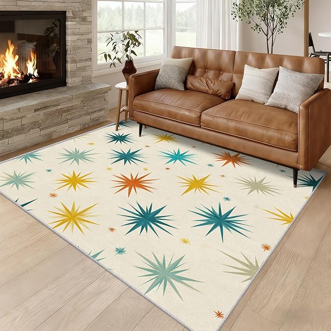 Mid Century Modern Rugs for Living Room Decor, 3x4 ft, Retro Starburst Atomic Area Rugs for Bedroom, Soft Non Slip Washable Geometric Sunburst Carpet Home Decorations D-g48
