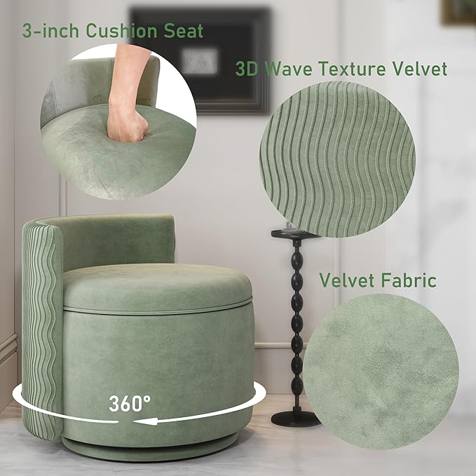 360° Swivel Accent Chair with Storage, Vanity Stool with Back, Velvet Storage Ottoman, Upholstered Round Barrel Vanity Chair for Living Room, Makeup Room, Bedroom (Green)