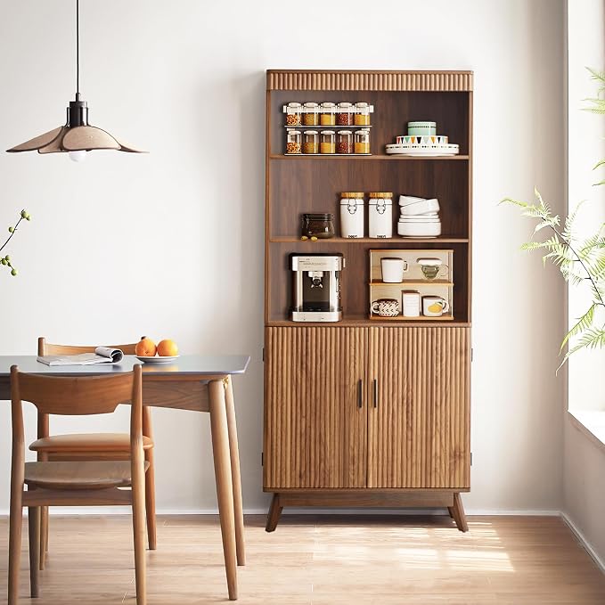 68" Fluted Tall Bookcase with Storage Cabinet,Mid-Century Modern 5-Tiers Arched Bookshelf Cabinet with Doors, Arched Bookcase with Open Display Storage Shelf for Home Office Bedroom Living Room,Walnut