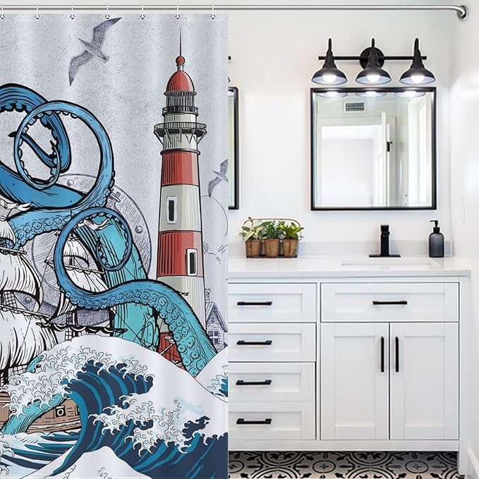 Nautical Octopus Shower Curtain,Navy Blue Funny Ocean Kraken Shower Curtains for Bathroom Anchor Coastal Map Waterproof Fabric Bath Curtain Decor with Hooks,72x72Inch