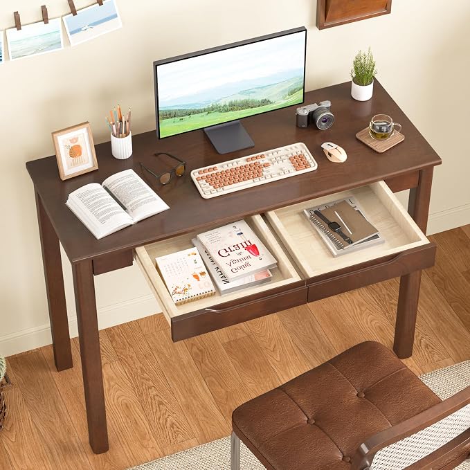 100% Solid Wooden Desk with Drawers - 39 x 16 Inch Mid Century Narrow Desk, Vintage Writing Desks with Drawers, Simple Work Study Table, Small Desks for Small Spaces, Walnut Color