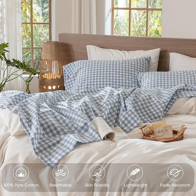 MooMee Gingham Sheet Set 100% Washed Cotton Linen Like Textured Breathable Soft w/Fully Elasticized 16-19" Deep Pocket (Classic Gingham Cornflower Blue, Queen)