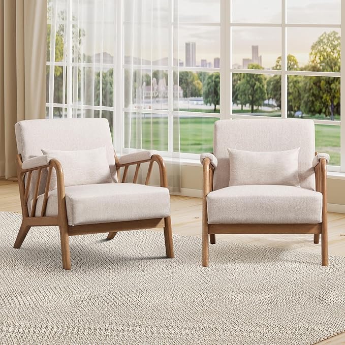 INZOY Accent Chairs Set of 2, Mid Century Modern Accent Chair with Wood Frame, Upholstered Reading Armchair with Soft Linen Fabric, Accent Chair for Living Room Bedroom Apartment, Easy Assembly, Beige