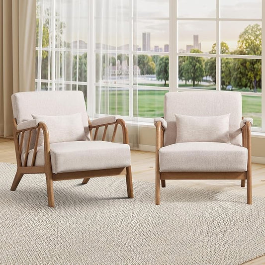 INZOY Accent Chairs Set of 2, Mid Century Modern Accent Chair with Wood Frame, Upholstered Reading Armchair with Soft Linen Fabric, Accent Chair for Living Room Bedroom Apartment, Easy Assembly, Beige