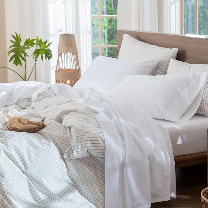 MooMee Bedding Sheet Set 100% Washed Cotton Linen Like Textured Breathable Durable Soft Comfy (Solid Bright White, Full)