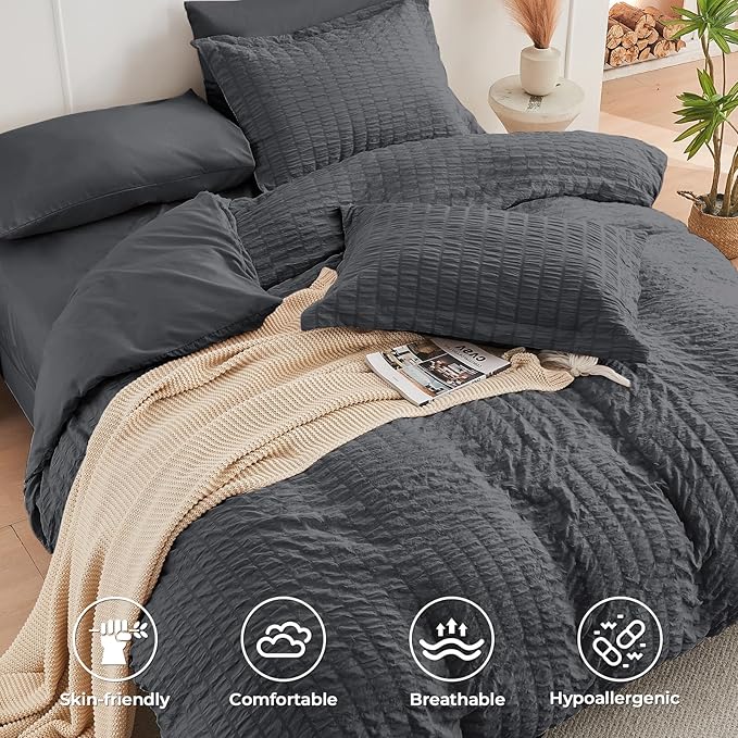 HYMOKEGE Twin XL Comforter Set Seersucker 5 Pieces, All Season Luxury Bed in a Bag for Bedroom, Bedding Set with Comforter, Sheet, Pillowcase & Sham, Dark Grey