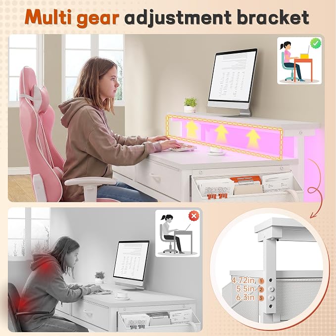 DurayLoly 32" Computer Desk with 2Drawers and Side Pocket for Teenagers,Office Desk with Monitor Stand and LED Lights, Study Writing Table with Anti-Tip Design for Small Spaces,Glacier White