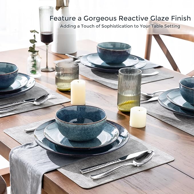 AmorArc Ceramic Dinnerware Sets for 6, 18 Pieces Handpainted Plates and Bowls Set, Scratch Resistant Stoneware Dishes Set, Dishwasher & Microwave Safe, Ceylon Blue