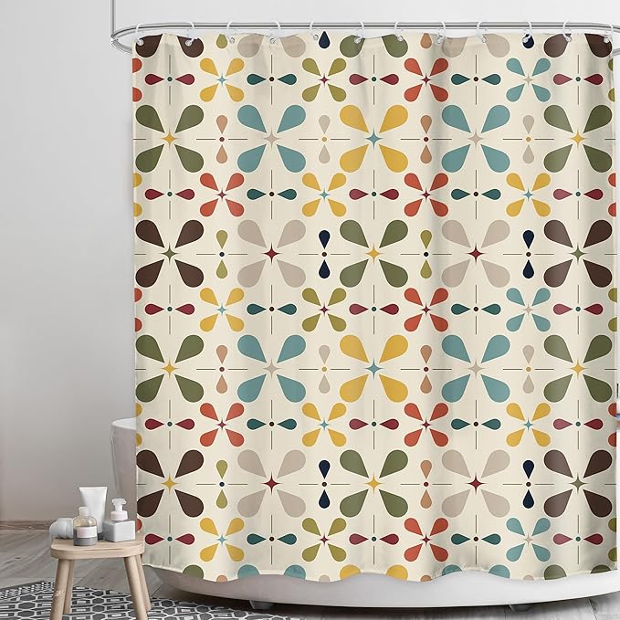 LGhtyro Boho Mid Century Shower Curtain Bathroom Set 60Wx71H Inches Modern Abstract Bohemian Geometric Colourful Retro Vintage Bath Accessories Water Drop Art Home Decor Fabric 12 Pack Hooks