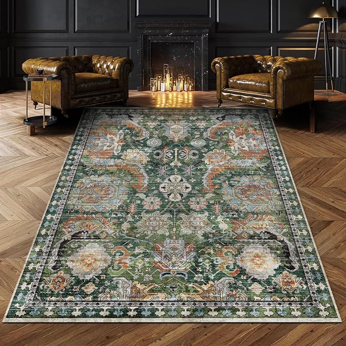 RUGSURE Washable Area Rugs - Perfect for Living Room, Bedroom, Kids Room, Nursery - Stain & Water Resistant Non-Slip, Pet & Child Friendly, Vintage Tribal Area Rugs (Green, 9' x 12')