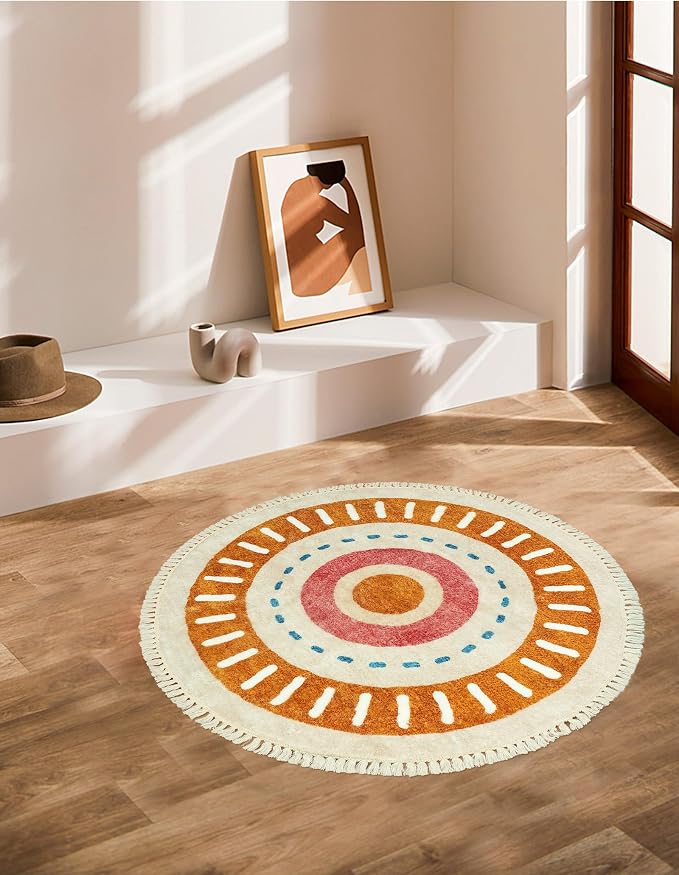 Lukinbox Boho Bathroom Rugs -2Ft Washable Round Area Rug, Soft Circle Bedroom Rug with Fringes, Small Colorful Non-Slip Sun Circular Rainbow Throw Rugs for Kids Room Chair Sofa Entryway