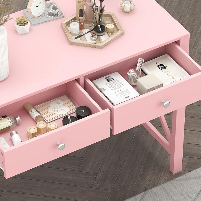 WiberWi Home Office Desk with Drawers, Modern Writing Computer Desk for Bedroom, Small Makeup Vanity Table Study Table for Home Office,Pink