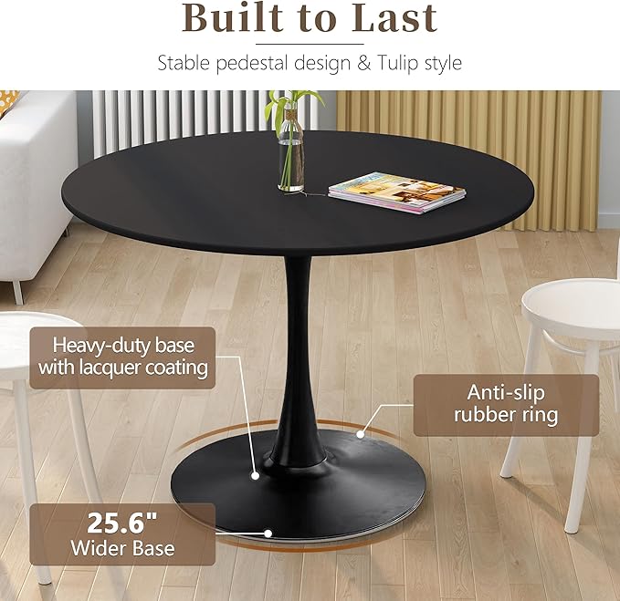 42 Inch Round Dining Table,Mid-Century Tulip Table with Metal Pedestal Base,Modern Leisure Table for Small Space Kitchen Dining Room,Easy Assembly,Black