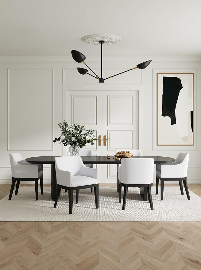 Manhattan Comfort Gansevoort Modern Faux Leather Dining Chair with Arms, Leatherette Upholstery on Solid Beech Wood Frame, Accent Furniture for Kitchen Table or Office, Set of 2, Cream