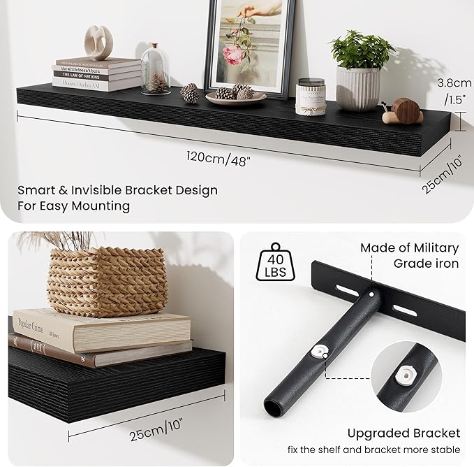 Fun Memories 10 Inch Deep Shelves, Floating Shelves for Wall 48 Inches Long, Wood Floating Shelves for Wall, Large Storage Shelves Wall Mount for Living Room Bedroom, Black, Set of 1