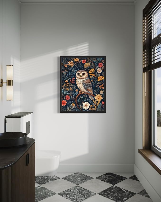 Owl Art Print Poster, William Morris Style Retro Mid Century Botanical Victorian Dark Academia Gothic Decor Gallery 10b (Owl, 11 x 14 inches, Black Frame)