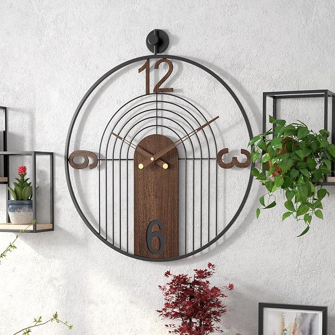 Large Modern Walnut Dial Wall Clock, Wood Metal Frame Silent Non Ticking Decoration Wall Clocks for Living Room, Bedroom, Kitchen, Study, Handmade Home Decor Gift Idea, 26.4 Inch