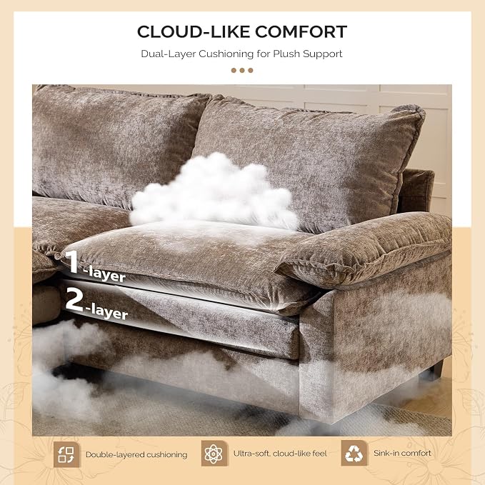 VINGLI Convertible Sectional Loveseat Sofa with Deep Seat &Movable 2-Layer Ottoman, Oversized L-shape Cloud Sofa with Chaise & Armrests, 2-Seat Sofa for Small Spaces & Apartment, Chenille, Light-Brown