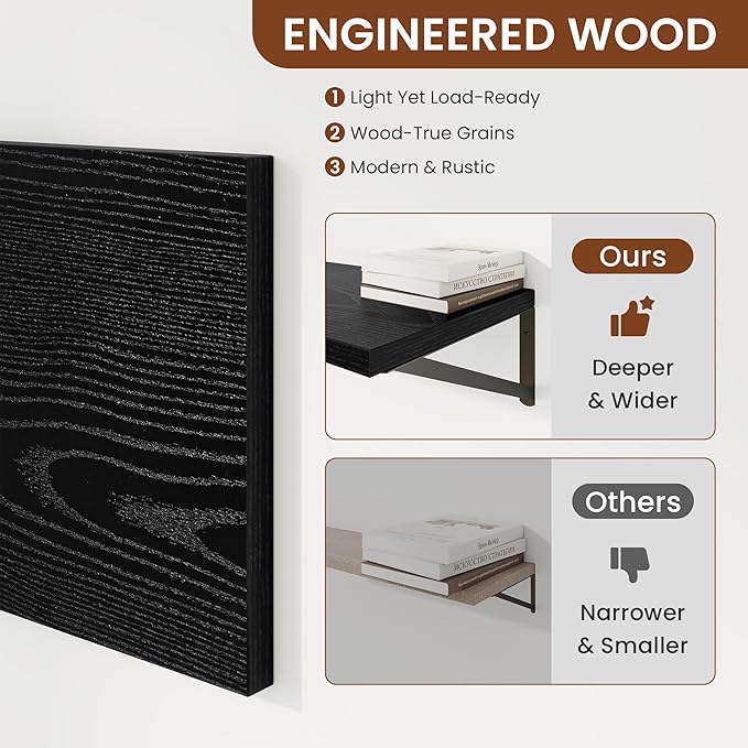 Deep Wall Shelves 16"W x 12"D Engineered Wood Floating Shelves for Wall, Sturdy Metal Bracket Bookshelves Home Decor Storage for Living Room Bedroom Bathroom Kitchen, Set of 2, Black Finish