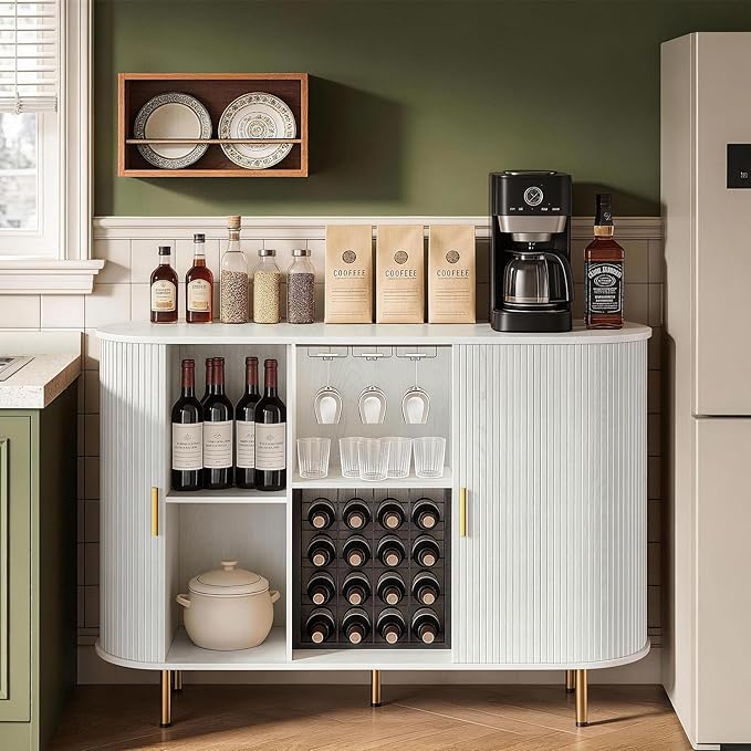 DHH 55" Wine Bar Cabinet with Storage, Fluted Liquor & Coffee Bar Cabinet with Wine Rack and Glass Holder, Buffet Sideboard with LED Lights for Home Kitchen Living Dining Room(White)
