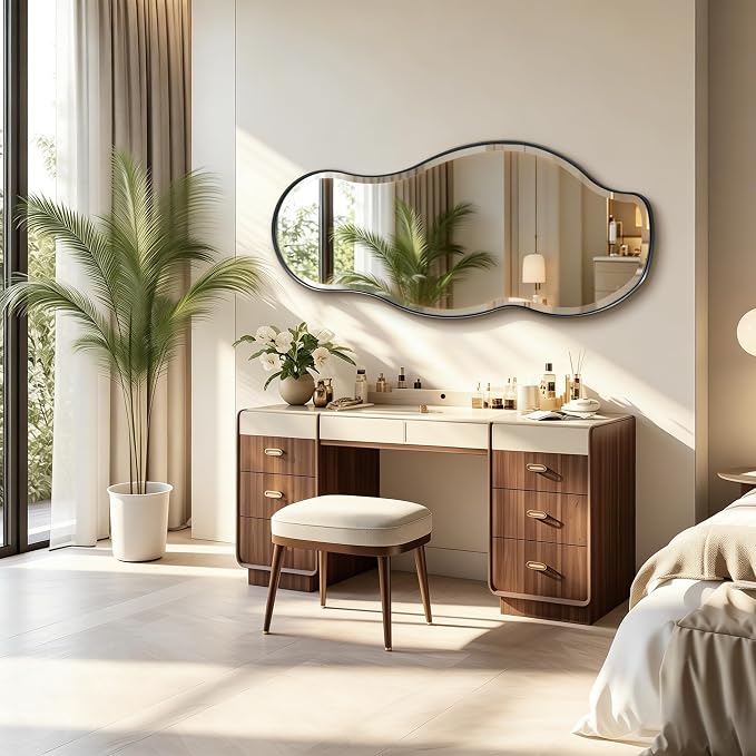 POZINO Large Irregular Beveled Mirror, 53"x24" Asymmetrical Vanity Wall Mirror with Metal Frame, Organic Shape Mirrors for Entryway Living Room Bedroom Bathroom, Horizontal/Vertical Hanging