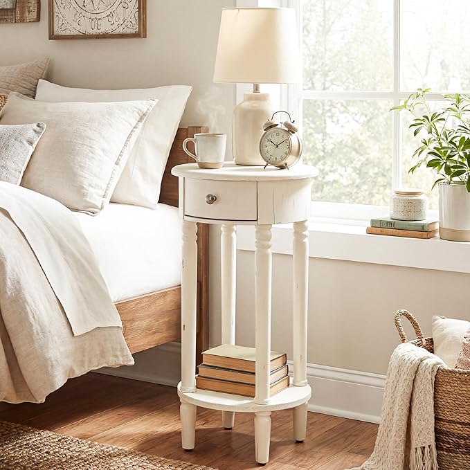HOMPUS Round End Table with Drawer, Tall end Table with Open Shelf, Farmhouse Rustic Nightstand, Slim Side Table for Small Spaces, Skinny Modern Space-Saving Accent Table for Bedroom, Easily Assembled