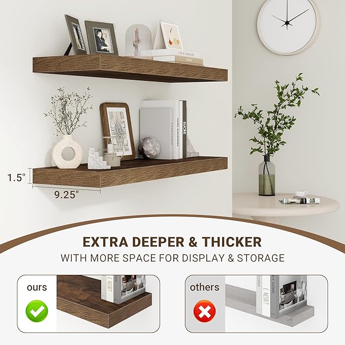 16 Inch Floating Shelves, 16"x9.25"x1.5" Inch Deep Floating Shelves for Wall, Wooden Shelves for Bathroom, Bedroom, Living Room, Brown, 2 Pieces