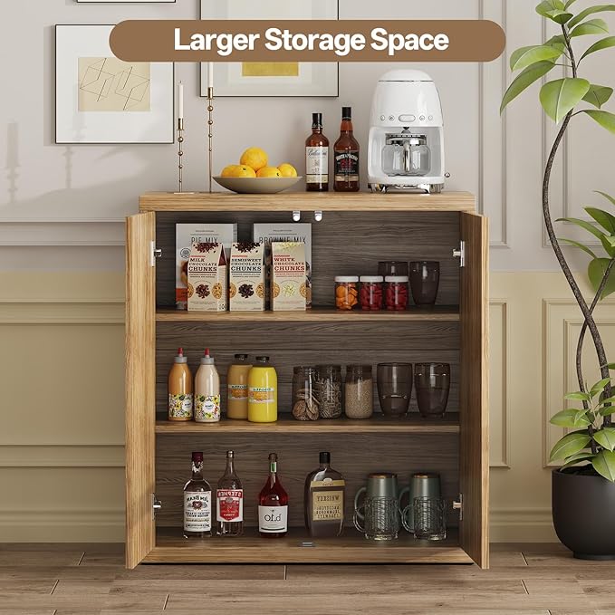 31” Sideboard Cabinet with Storage, Fluted Accent Cabinet with Adjustable Shelves, Modern Wood Credenza Cabinets with Pop-up Doors for Entryway Kitchen Living Room Hallway, Oak 3pcs