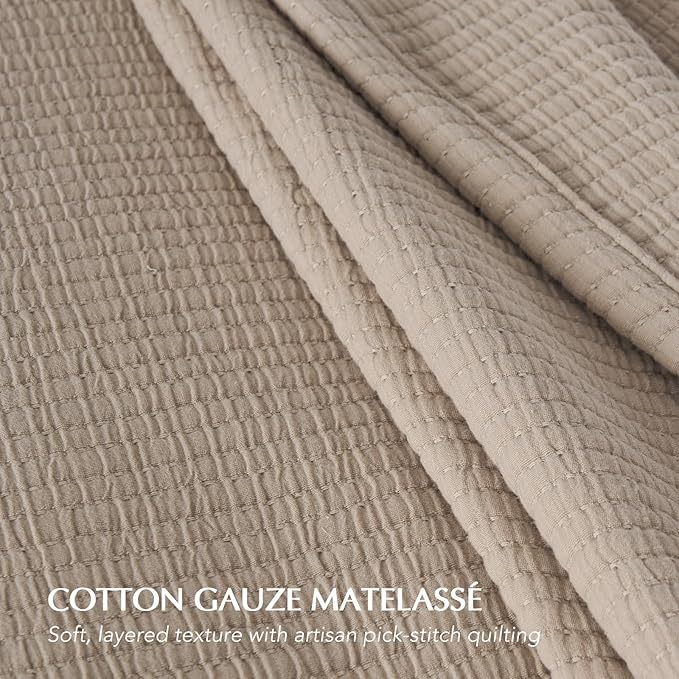 EVERGRACEHOME Cotton Gauze King Bedspread, Ultra Soft Prewashed Pick Stitch Matelassé Coverlet, Lightweight Textured Oversized King Quilt Bedding Set for All Season, with 2 Shams, Khaki Tan