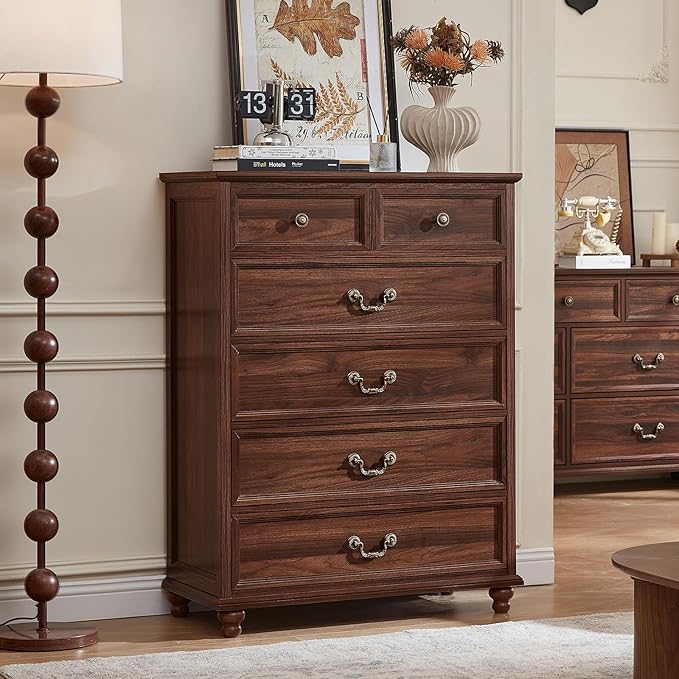 Farmhouse 6 Drawer Dresser Set of 2 for Bedroom, 42" Tall Rustic Chests of Drawers w/ 4 Solid Wood Feet, Mid Century Vintage Wooden Closet Storage Dressers Organizer for Living Room,Brown