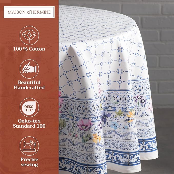 Maison d' Hermine Table Cloth Round Table 100% Cotton 63 Round Inches Tablecloth Reusable Decorative for Dining Room Farmhouse Home Valentines Day Decorations Spring Summer - Faience
