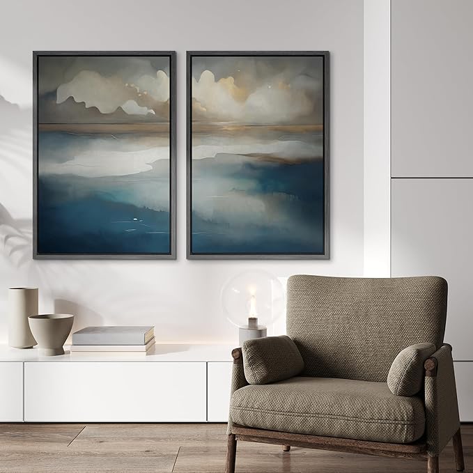 IDEA4WALL Framed Canvas Print Wall Art Set Ocean Cloudscape Blue and Beige Abstract Seascape Illustrations Modern Art Decorative Bohemian Calm/Zen for Living Room, Bedroom, Office - 24"x36"x2 Black