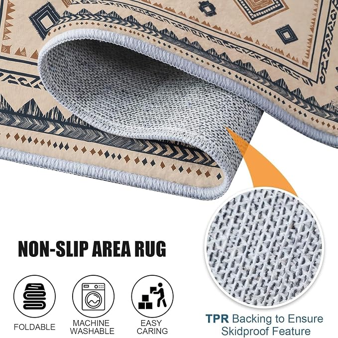 2' x 6' (Runner) Runner Rug,Washable Retro Farmhouse Style Geometric Diamond Non-Slip Kitchen Runners - Low-Pile Distressed Runners Rug for Living Room Or Study Room Laundry Room Bedroom Beige