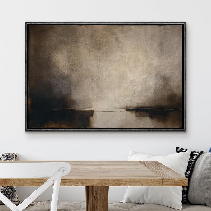 MUDECOR Framed Canvas Print Wall Art Misty Horizon Neutral Abstract Minimalist Atmospheric Illustrations Fine Art Decorative Zen Multicolor Country/Farmhouse Retro for Bedroom - 24"x36" BLACK