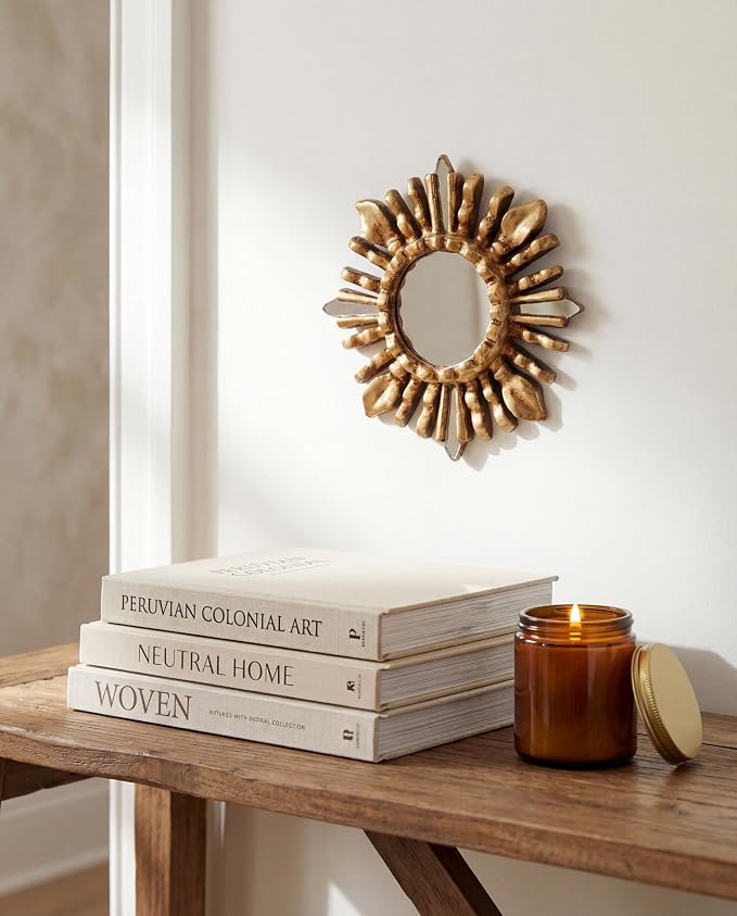 Small Peruvian Sunburst Mirror 6" | Hand-Carved Mohena Wood & Bronze Leaf | Vintage Gold Accent Wall Decor for Boho & Home Entryway (Gold)