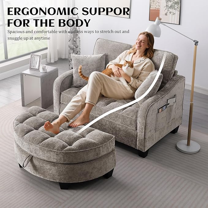 Oversized Curved Chaise Lounge Chair Indoor with Ottoman, 54.8" Cloud Boneless Reading Chair Soft Chenille Circle Couch w/Adjustable Backrest for Living Room, Apartroom, Bedroom, Brown