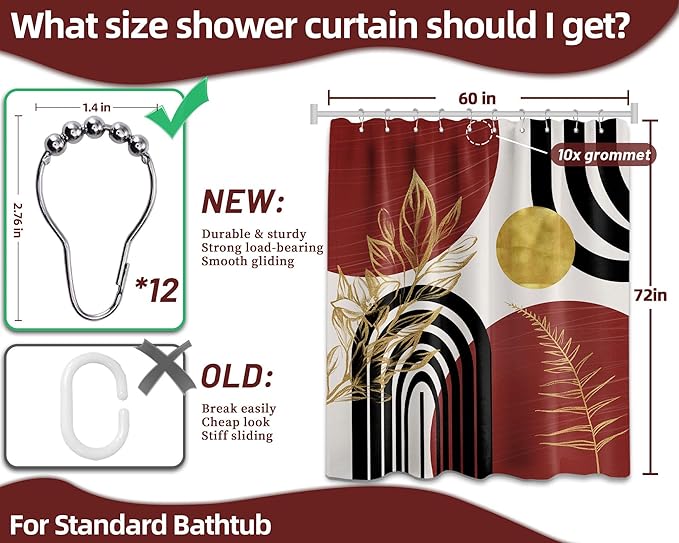 Black and Red Shower Curtain Boho Mid Century Burgundy Dark Red and Gold and White Shower Curtains for Bathroom Decor, Waterproof Cloth Fabric with Hooks, 60" W x 72" L