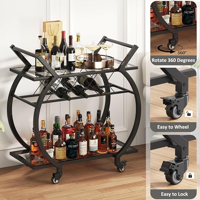 LVB Bar Cart with Glass, Black Bar Cart with Wheels, Home Bar Serving Cart with 2 Tier Storage Glass Shelves, Wine Cart with Wine Rack, Liquor Cart for Kitchen, Bar, Dinning Room