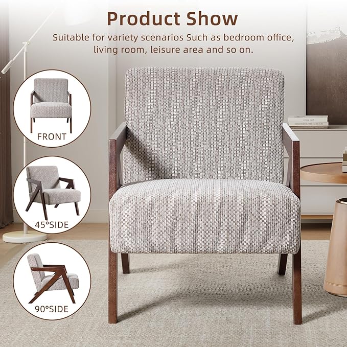 INZOY Accent Chairs Set of 2, Mid Century Modern Accent Chair with Wood Frame, Upholstered Reading Armchair with Soft Linen Fabric, Accent Chair for Living Room Bedroom, Easy Assembly, Light Brown