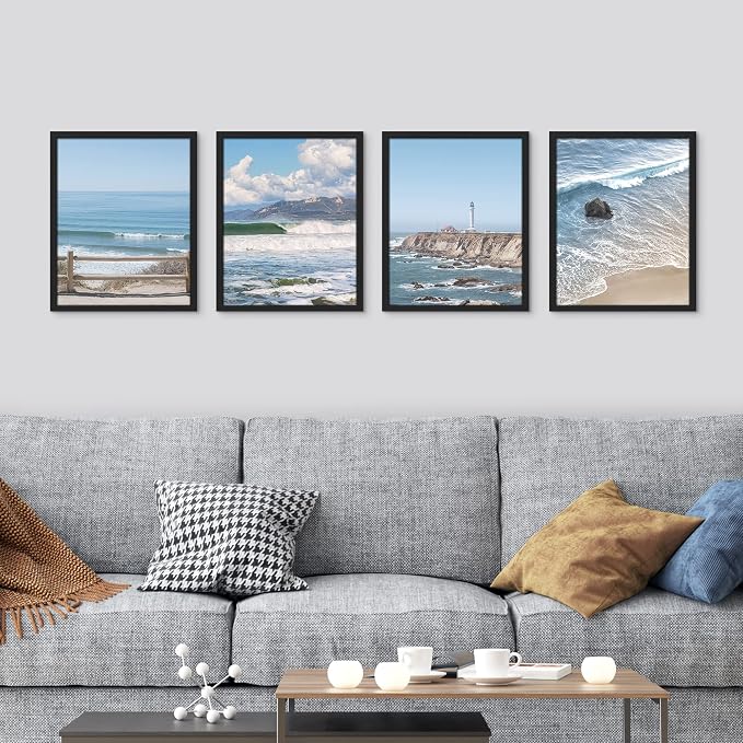 SIGNWIN Framed White Aerial View Blue Ocean Wave Beach Shore Wall Art, Set of 4 Landscape Colorful Wall Decor Prints, Nature Wilderness Wall Décor for Living Room, Bedroom - 11"x14" Black