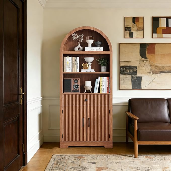 Farmhouse Arched Bookshelf, Mid-Century Modern 5-Tier Curved Cabinet with Door, Wooden Bathroom Storage Cabinet, Kitchen Pantry Cabinet for Living Room, Kitchen，Home Office, Walnut X2