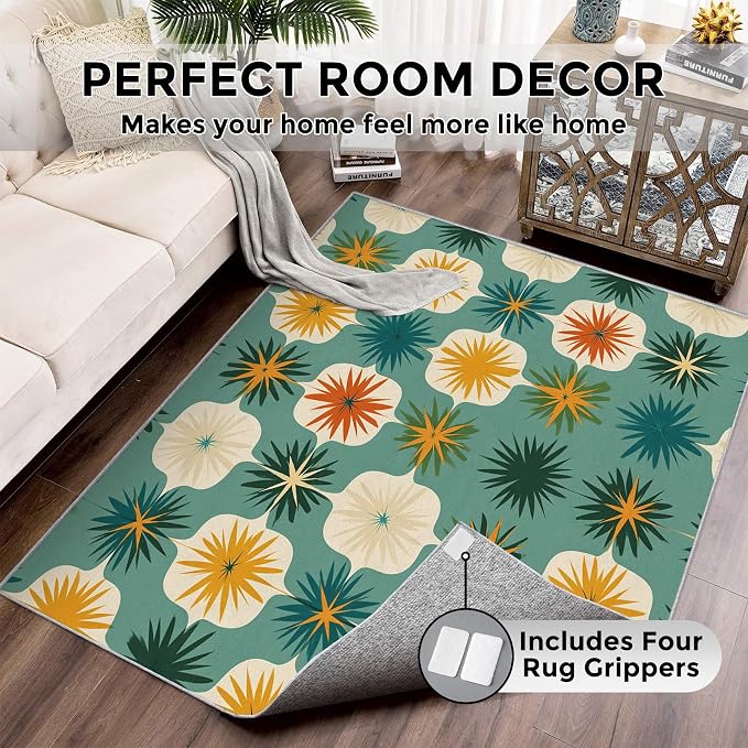 Mid Century Modern Rugs for Living Room Decor, 8x10 ft, Retro Geometric Flower Area Rugs for Bedroom, Soft Non Slip Washable 70s MCM Atomic Carpet Home Decorations D-g48