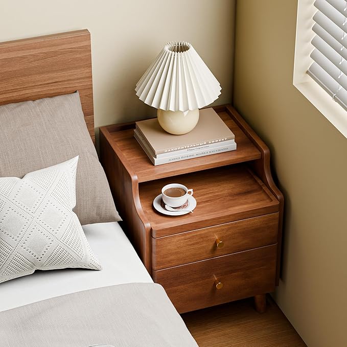 Solid Wood Nightstand Set of 2, Pre-Assembled, 19.7”H Mid Century Modern Night Stand with Drawers, Open Sliding Shelf, Small Bedside Table for Bedroom, End Side Table, Walnut