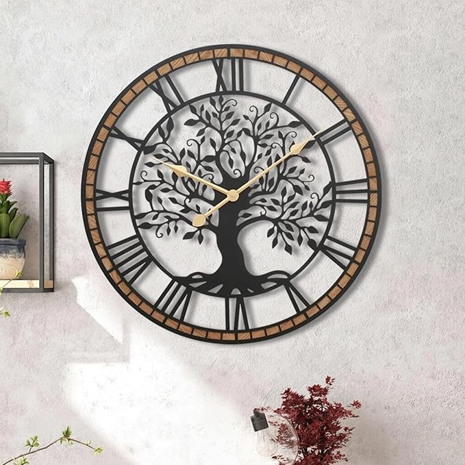Micasso Farmhouse Large Wall Clock: 24Inch Rustic Tree of Life Metal with Wood Frame - Vintage Battery Operated Wall Clocks for Living Room/Office/Bedroom - Home Decor for Fashion-Conscious