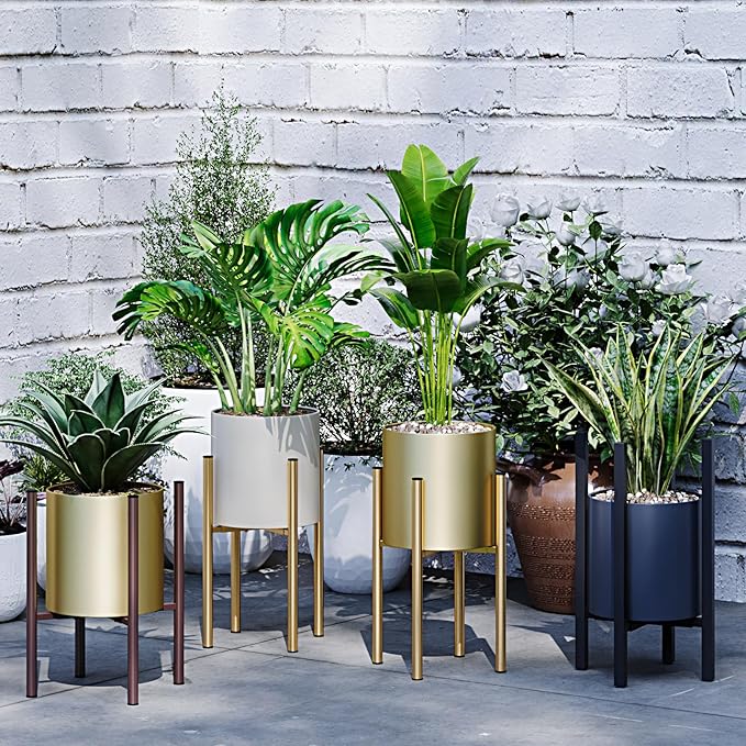 Adjustable Metal Plant Stand Indoor, Fits 8-14 Inch Pots, Mid Century Modern Gold Planter Holder,2 Heights, Heavy Duty 160 lb, Indoor Outdoor Corner Floor Pot Stand, Golden 2 Pack