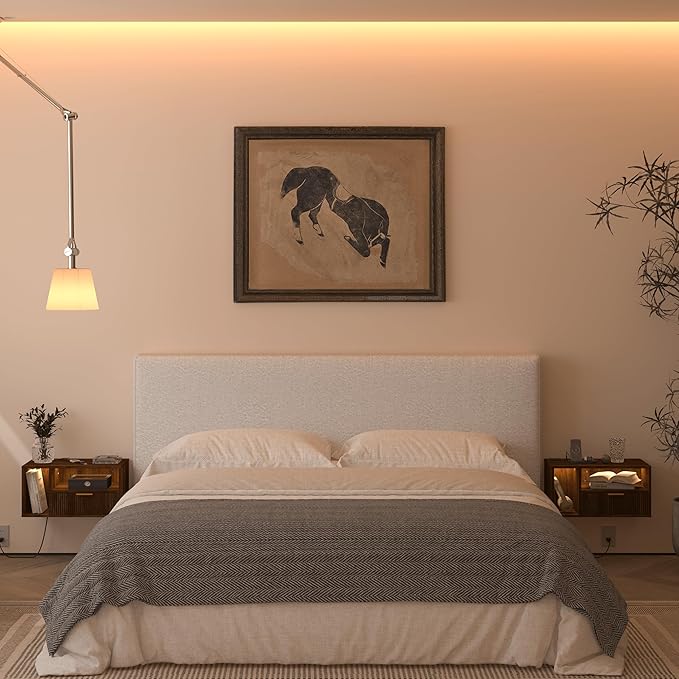 Floating Nightstand with Charging Station and LED Lights, Walnut Brown